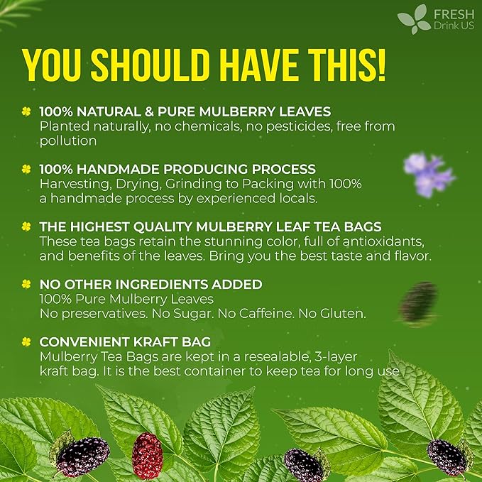 FreshDrinkUS, Premium 120 Mulberry Leaf Tea Bags, 100% Natural & Pure from Mulberry Leaves. Loose Leaf Herbal Tea. Made with Natural Material Tea Bags. No Sugar, No Caffeine, No Gluten, Vegan.