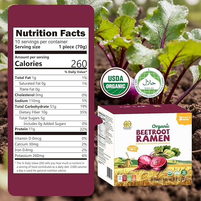 SUNGIVEN Organic Ramen Noodles Beetroot Healthy Low Sodium Ready in 3 Minutes Non-Fried Instant No Additives or Preservatives 2.47 OZ (Pack of 10)