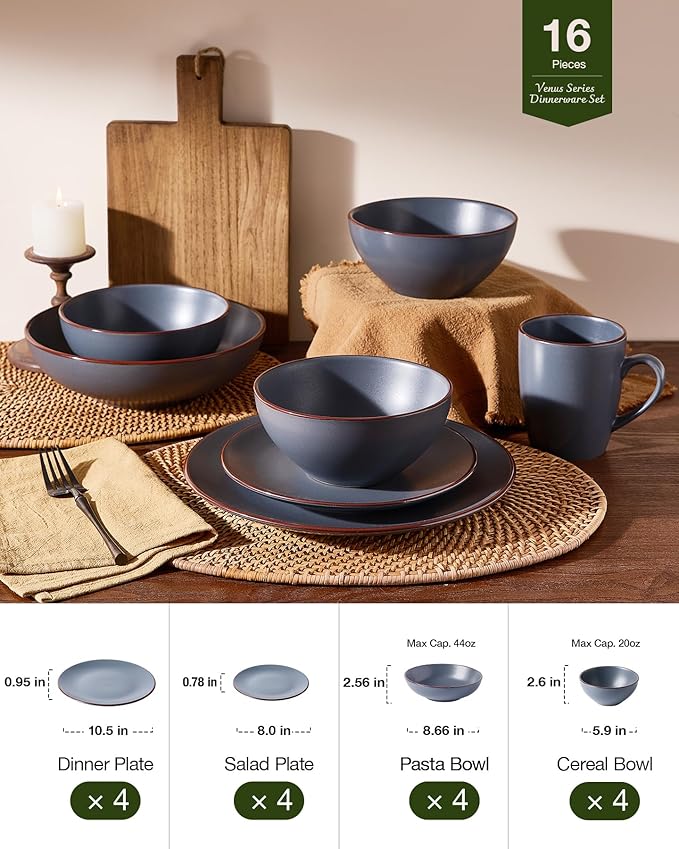 Famiware Venus Stoneware Dinnerware Sets with Pasta Bowls for 4, 16-Piece Speckled Plates and Bowls with Trim, Matte Charcoal - Chip‑Resistant Dishes for Everyday/Formal Use, Microwave/Dishwasher Safe
