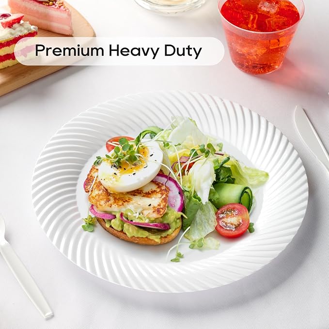 FOCUSLINE 7 Inch White Plastic Plates, 100 Count Disposable Heavy Duty Salad Dessert Plates, Premium Hard Plastic for Weddings, Parties and Events