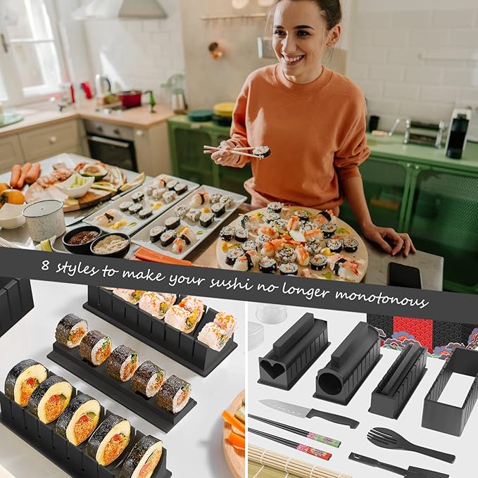 HI NINGER Sushi Making Kit Deluxe Edition Complete Sushi Maker Kit 17PCS Home Sushi Mold Press with Sushi Rice Roll Mold Shapes,Fork,Spatula, Sushi Knife, Sushi Rolling Mat, Chopsticks