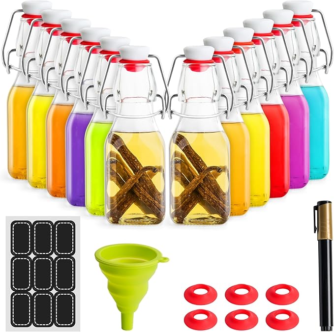 Vanilla Extract Bottles [4oz, 12-Pack] – Flip Top Swing Top Glass Bottles for Homemade Extracts, Kombucha, Coquito, Juice – Airtight Leak-Proof Caps with Funnel, Extra Gaskets, Labels & Marker