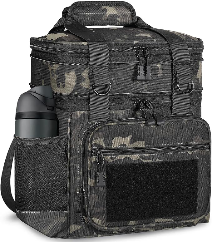 GLENKEY Tactical Lunch Box Cooler Bag - Expandable Insulated Lunch Bag for Men Women - XLarge Lunchbox for Adults Work Shifts Outdoor Trips Black Camo 22L