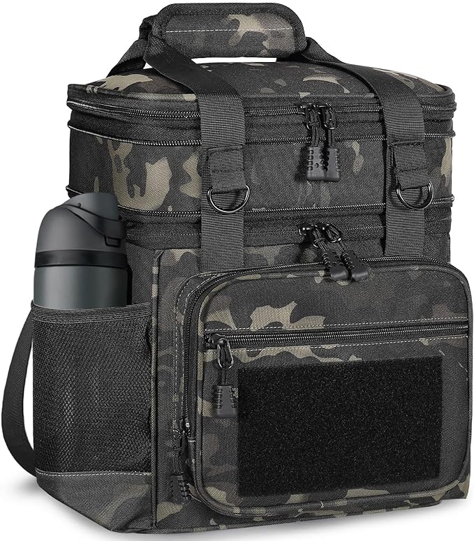 GLENKEY Tactical Lunch Box Cooler Bag - Expandable Insulated Lunch Bag for Men Women - Large Lunchbox for Adults Work Shifts Outdoor Trips Black Camo 16L