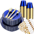 Bestluck 350 PCS Blue and Gold Plastic Plates, Disposable Dinnerware Set for 50 Guests, 100 Disposable Plates, 150 Silverwares, 50 Cups, 50 Napkins for Wedding, Party, Graduation