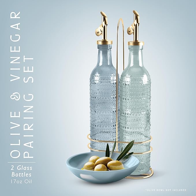 COOK WITH COLOR Glass Olive Oil Bottle Dispenser - 2 Pack- 17oz Oil and Vinegar Cruet - Olive Oil Carafe Decanter for Kitchen, Champagne Bubbles, Blue