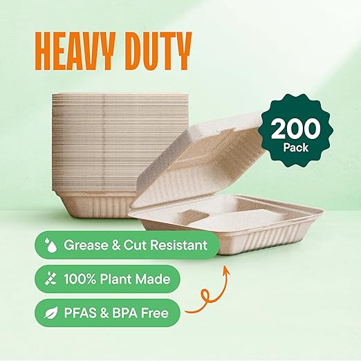 [Bulk - 200-Count] 100% Compostable To Go Containers 9x9" 3-Compartment Clamshell Take Out Food Container with Hinged Lid - Disposable Togo Plates - Eco-Friendly Takeout Box Made of Sugar Cane Bagasse