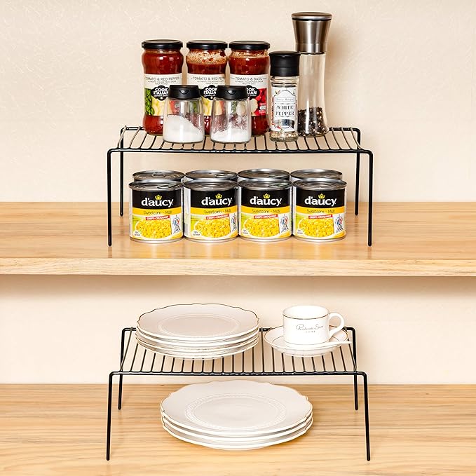 iPEGTOP Kitchen Cabinet Shelf Organizer Set of 2, Large (15.7 x 9.4 inch) Metal Wire Pantry Storage Shelves, Dish Plate Racks for Cabinets, Freezer, Counter, Cupboard Organizers and Storage, Black