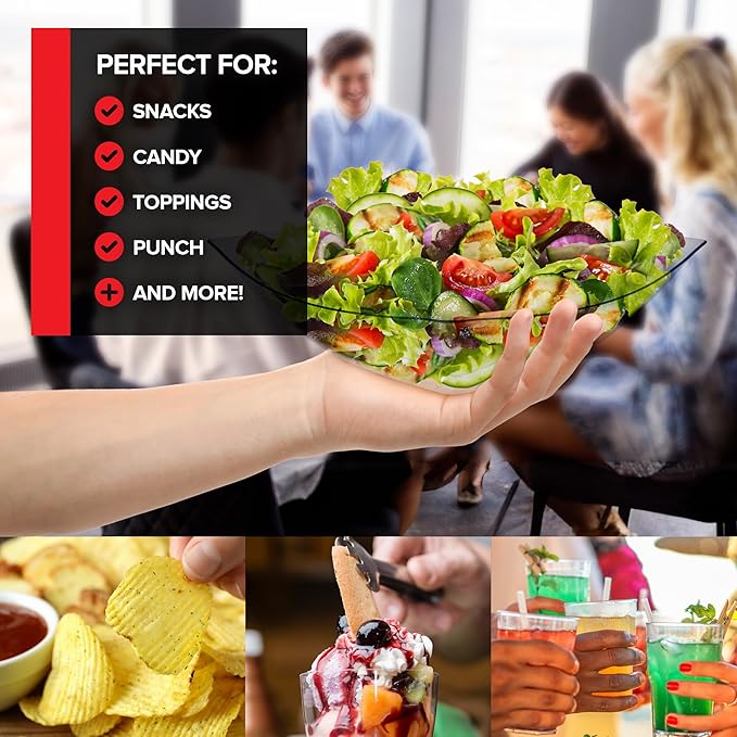 64oz Clear Plastic Serving Bowls (4 Pack) Large Disposable Candy Dishes, Square Plastic Buffet Containers for Chips, Snacks, Mints, Salad Bar, Snack Bowl Parties, Office, Bridal Shower, Party Supplies