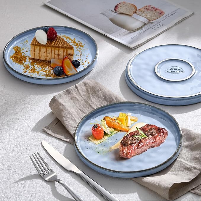 LIANYU 6PCS Ceramic Flat Dinner Plates Set, Porcelain Salad Appetizer Dishes with High Edge, 7.9” Dessert Plates Set, Microwave, Oven, dishwasher Safe, Chip & Scratch Resistant, Serenity Blue