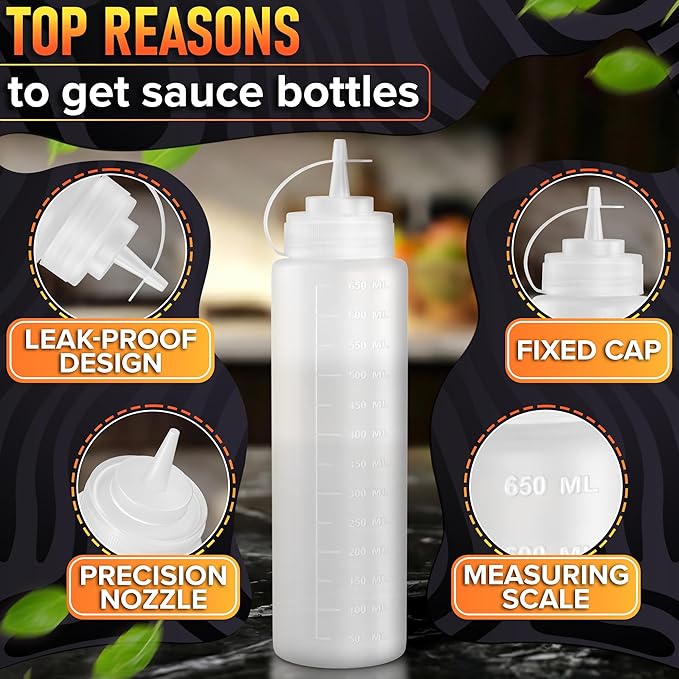 6-Pack Plastic Condiment Squeeze Bottles 24oz – Refillable Squirt Bottles with Narrow Tip, Leak-Resistant | Great for Oil, Sauces, Ketchup, Mayonnaise, Syrup, Dressing, BBQ Stations & Catering Use