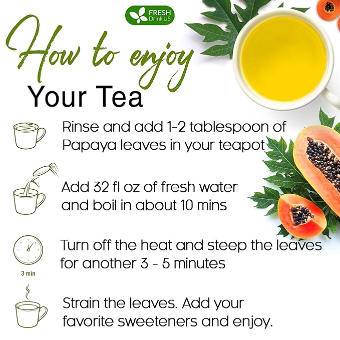 FreshDrinkUS, Premium 4oz Papaya Leaves For Tea, 100% Natural & Pure from Papaya Leaves. Loose Leaf Herbal Tea. Made with Natural Material Tea Bags. No Sugar, No Caffeine, No Gluten, Vegan.