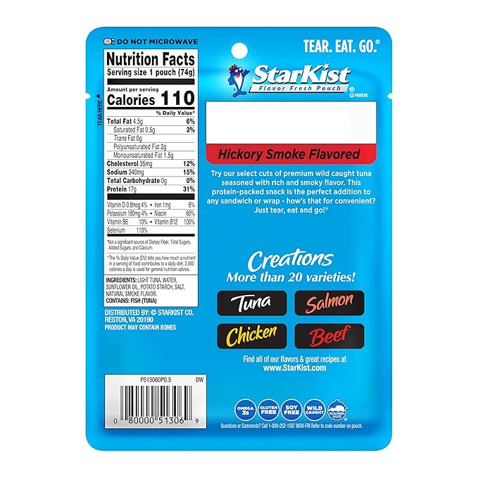 StarKist Tuna Creations Hickory Smoked Pouch (2.6 oz - 1 Pack) Wild Caught, High Protein Shelf Stable Seafood, Gluten Free, Soy Free, No Draining, Ready to Eat for Salads and Sandwiches
