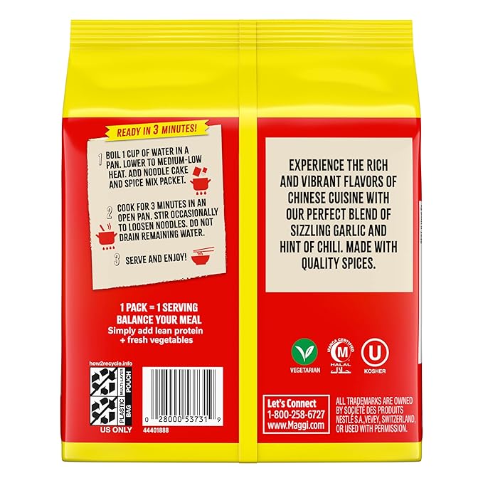 Maggi Chinese Spicy Garlic Noodles, Instant Ramen Noodles, 3 min, Vegetarian, Halal, Kosher, 8-Pack