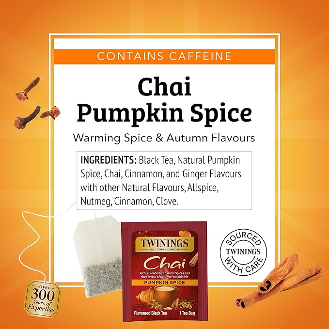 Twinings Pumpkin Spice Chai Black Tea Individually Wrapped Bags, 20 Count (Pack of 6), Warm, Spicy & Aromatic, Caffeinated, Enjoy Hot or Iced, 120 Teabags