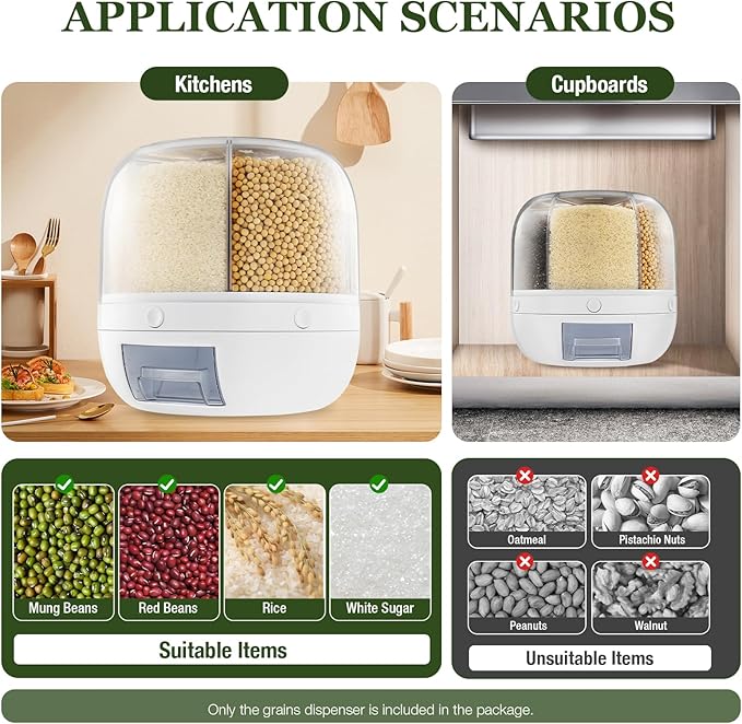 360° Rotating Grain Storage Container – Large Rice Dispenser with One-Click Output, Multi-Compartment Kitchen Organizer for Small Grains, Beans, Flour (Airtight & Stackable)