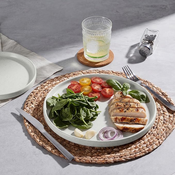 E-far White Dinner Plates Set of 6, 10.5 Inch Stoneware Dinner Plates with Raised Edges, Chip & Scratch Resistant | Microwave & Dishwasher Safe Modern Ceramic Dishes for Dessert Salad, Speckled White