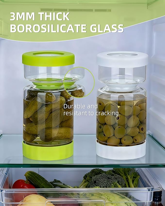 ZENS Pickle Jar with Strainer Flip, 37 oz Hourglass Pickle Juice Separator Container, Airtight Leakproof Lid, 2 Pack Pickling Jars for Olive, Jalapeno Container-Dual Wet-Dry Design