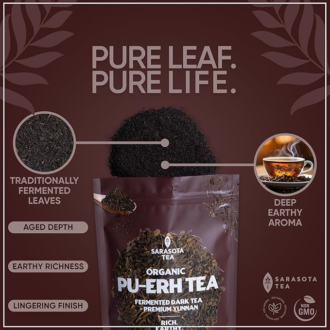 Pu-erh Tea Loose Leaf 4.4 oz | Aged Fermented Dark Tea | Smooth Earthy Flavor | Bulk Loose Leaf