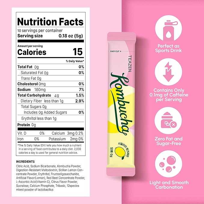 TEAZEN Plum Flavored Kombucha Tea, Hydration Drink Mix, Sugar Free, Live Probiotics & Prebiotics, 10 Sticks, 1.76oz