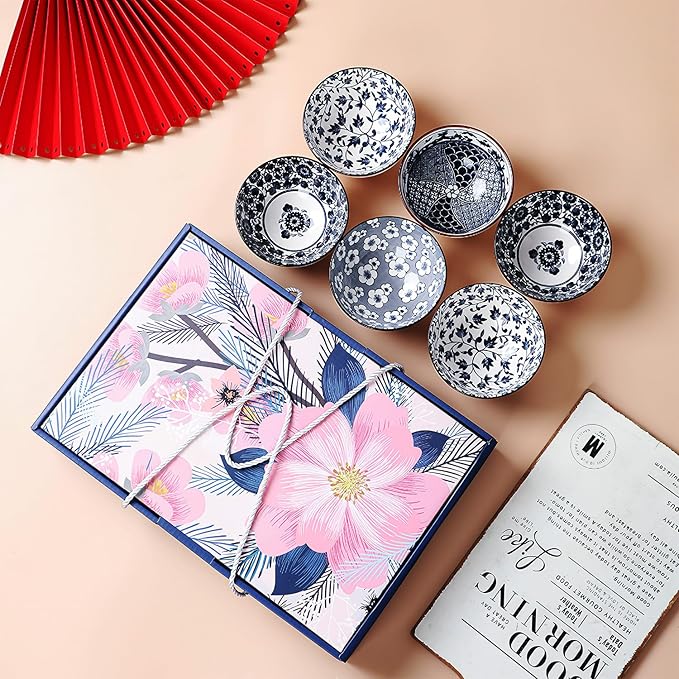 Rice Bowls 10oz, Japanese Style Bowls Set of 6 with Gift Box - Blue and White Ceramic Bowls for Soup, Dessert, Ice Cream, Snack - Kitchen Gifts for Women (Blue and White)