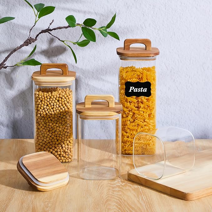 Layhit 4 Pcs Glass Food Storage Jars with Airtight Wood Lid Storage Jars Containers with Stickers Marker for Candy, Cookie, Rice, Sugar, Flour, Pasta, Nuts, 4 Size (Square)