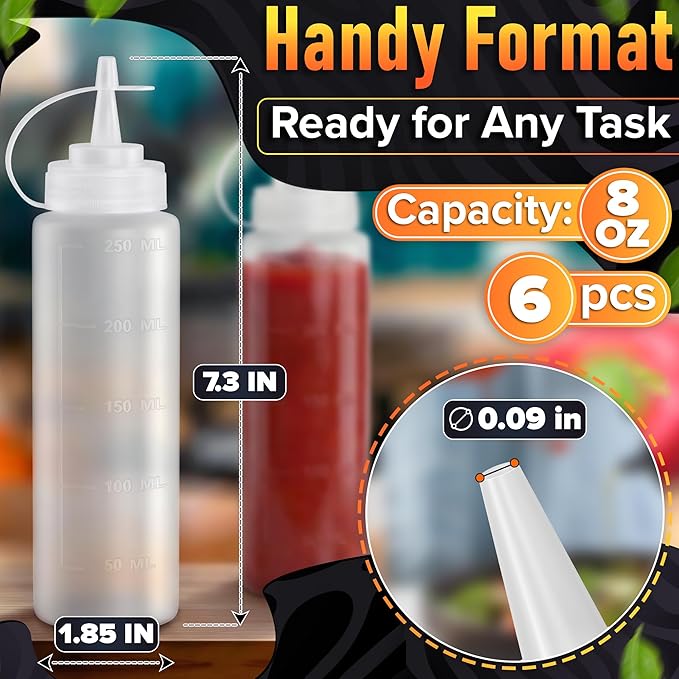 6-Pack Plastic Condiment Squeeze Bottles 8oz – Refillable Squirt Bottles with Narrow Tip, Leak-Resistant | Great for Oil, Sauces, Ketchup, Mayonnaise, Syrup, Dressing, BBQ Stations & Catering Use