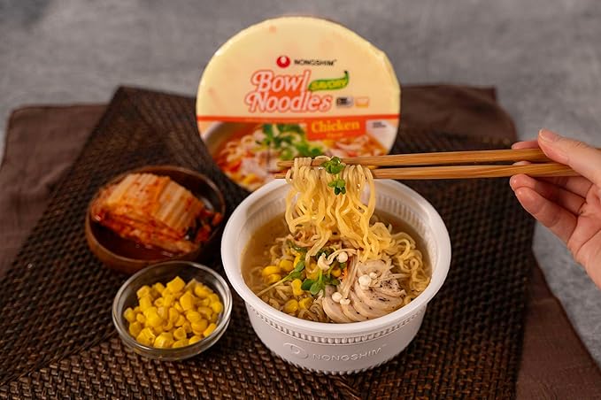 Nongshim Savory Chicken Noodle Soup Instant Ramen, 12 Pack, Microwaveable Bowl Soup Mix, Korean Ramyun with Cabbage & Carrots, Sabor a Pollo