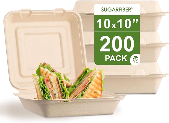 [200 COUNT]Sugarfiber by Harvest Pack PFAS FREE 10 X 10" Compostable Clamshell Food Containers, Heavy-Duty Hinged Container, Disposable Bagasse Eco-Friendly Natural Takeout to go Box