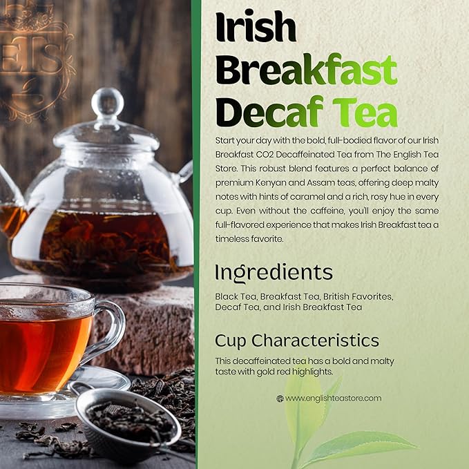 English Tea Store CO2 Decaffeinated Irish Breakfast Tea Pouches - 4oz | Loose Leaf Black Tea | Bold Full-Bodied Flavor | Blend of Assam and Kenyan Teas | Naturally Decaffeinated Using CO2 Process