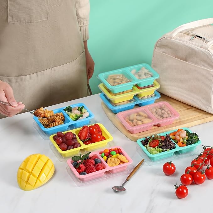 8 Pack 5OZ Reusable Snack Containers, Multicolor Double Compartment Condiment Containers with Clear Lids, Portable Salad Dressing Cups, Leakproof Lunch Boxes for Outdoor, Travel, Work(4 Color)