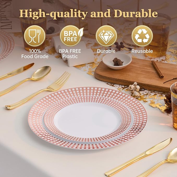 Fijinhom 100PCS Heavy Duty Gold Plastic Plates for 50 Guests, for Party, Wedding, Birthday, Dinnerware Set of 50PCS 10" Dinner Plates & 50PCS 7.5" (Rose Gold)