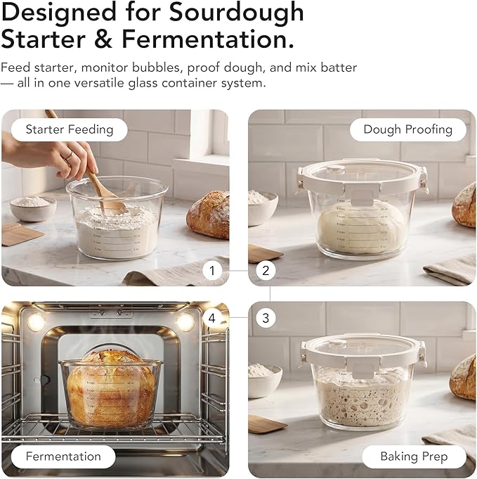 Premium Sourdough Starter & Dough Proofing Set, 2-Piece Borosilicate Glass Containers with Airtight Lids, Wide Mouth Measuring Bowls for Baking & Fermentation, Microwave & Oven Safe (24oz & 71oz)