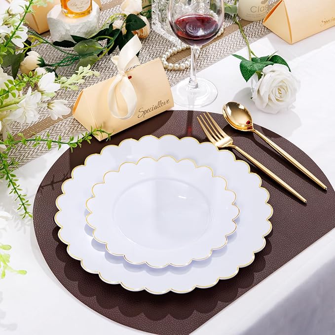 LIYH 60 Pcs Gold White Plastic Plates Scalloped Disposable Combo Includes 30 Dessert & 30 Dinner Plates for Monthers Day Birthday Wedding Party