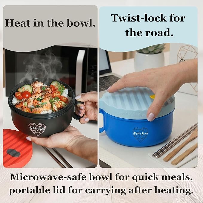 AI LOVE PEACE Ramen Bowls, 40 oz Large Microwavable Noodle Bowls (1 Blue, 1 Red) with Chopsticks, Sporks, and Utensil Bag, Portable Microwave Bowl for Home, Office, Dorm, or College Gift.