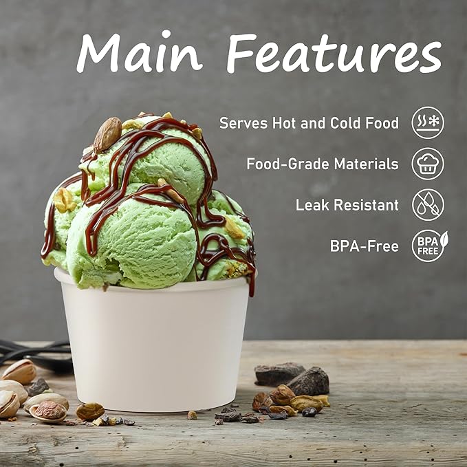 ESSENTIAL Paper Ice Cream Cups, 50pcs 8oz Disposable Dessert Bowls for Hot or Cold Food, Lids Not Included, Paper Snack Containers for Sundae, Frozen Yogurt, Soup (White)