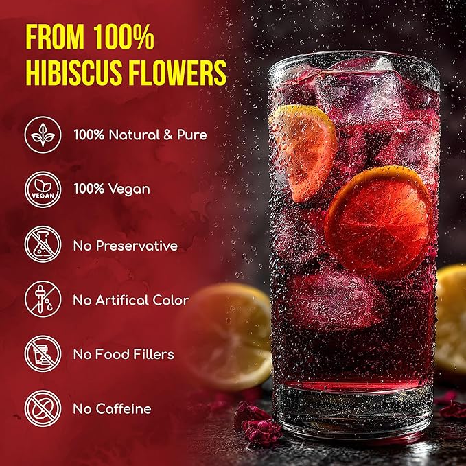 FreshDrinkUS, Premium 30 Hibiscus Flowers Tea Bags, 100% Natural & Pure from Hibiscus Flowers. Loose Flower Herbal Tea. No Sugar, No Caffeine, No Gluten, Vegan.