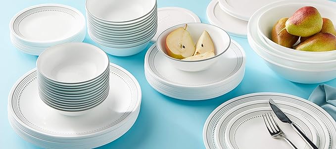 Corelle Vitrelle 78-Piece Service for 12 Dinnerware Set, Triple Layer Glass and Chip Resistant, Lightweight Round Plates and Bowls Set, Mystic Gray