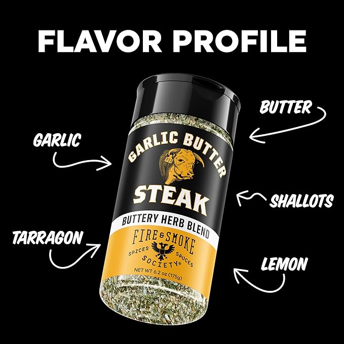 Fire & Smoke Society Garlic Butter Steak Seasoning | BBQ Rubs, Steak Rub for Smoking and Grilling Meat | Steaks, Brisket, Burgers Dry BBQ Rubs and Spices | M, 6.2 oz