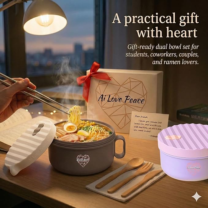 AI LOVE PEACE 2 Pack Microwave Ramen Bowls, 40 oz Ramen Noodle Bowl Set with Lids, Soup Bowls for Pho, Pasta, Rice and Oatmeal, Dishwasher Safe (Purple & Beige)