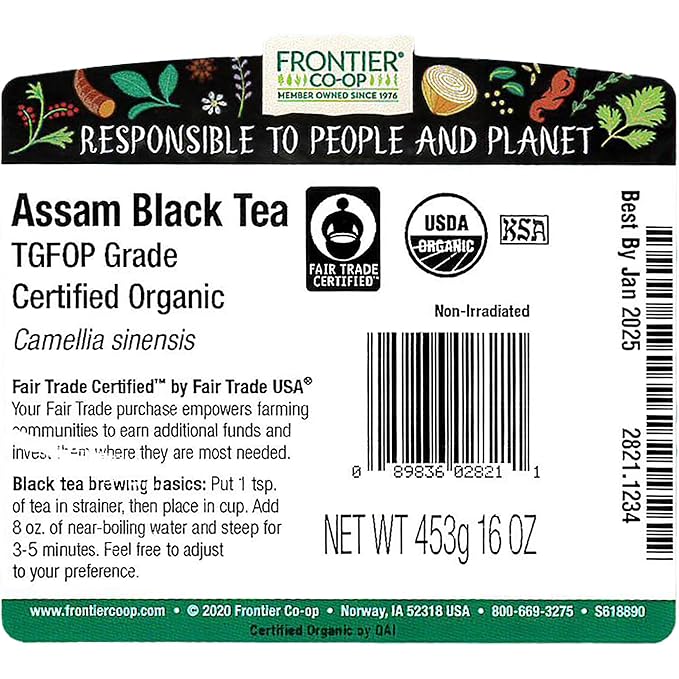 Frontier Co-op Organic Fairtrade Assam Black Tea, Tippy Golden Flowery Orange Pekoe - Loose Leaf, Kosher | 16 Ounce (Pack of 1)