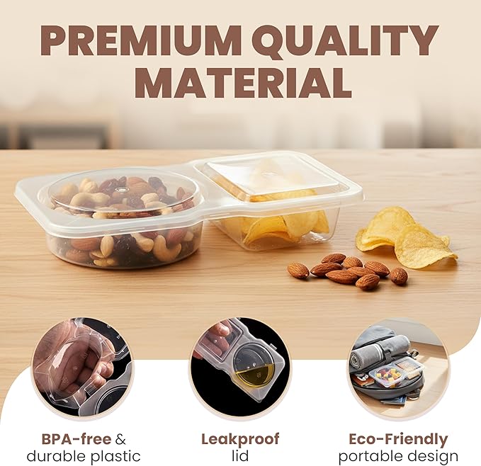 Reusable Snack Containers with Lids 20 Pack, 2 Compartment Leakproof Snackle Box Container, Portion Control Lunch Box Food Containers for Travel