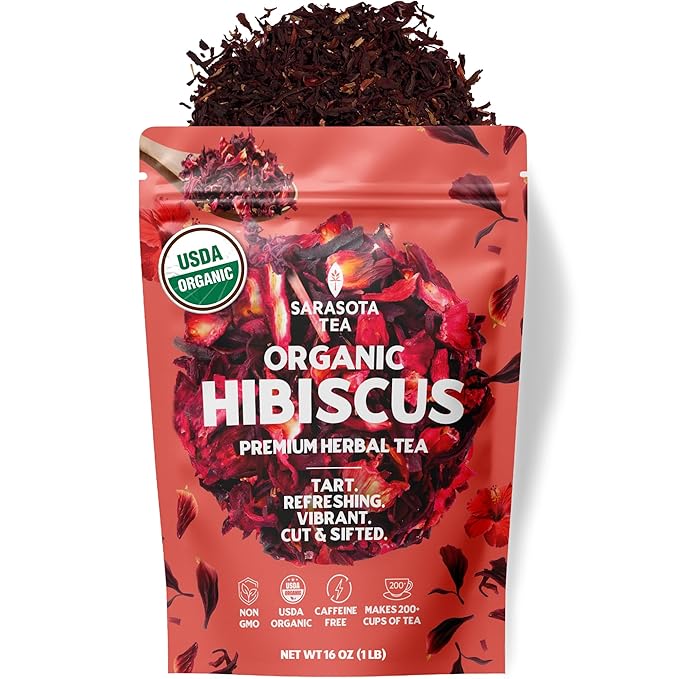 Organic Hibiscus 1lb Loose Leaf Tea | Naturally Tart & Refreshing Herbal Tea | Caffeine-Free | Dried Hibiscus Flowers for Hot or Iced | Non-GMO | Detox & Hydration Support