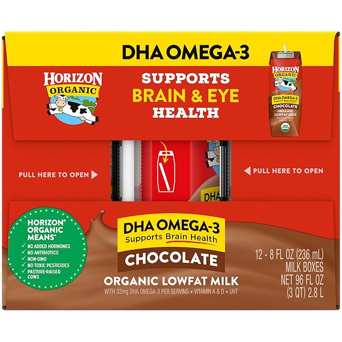 Horizon Organic Shelf Stable 1% Lowfat DHA Omega-3 Chocolate Milk Boxes, Pack of 12 - 8g Protein per Serving