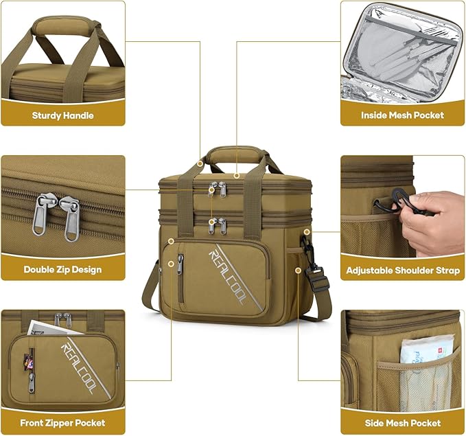 RealCool Lunch Bag, Insulated Lunch Box for Men Women, Double Deck Leakproof Soft Cooler Bag with Adjustable Strap, Reusable Lunchbox for Work, Travel, Camping (Khaki)