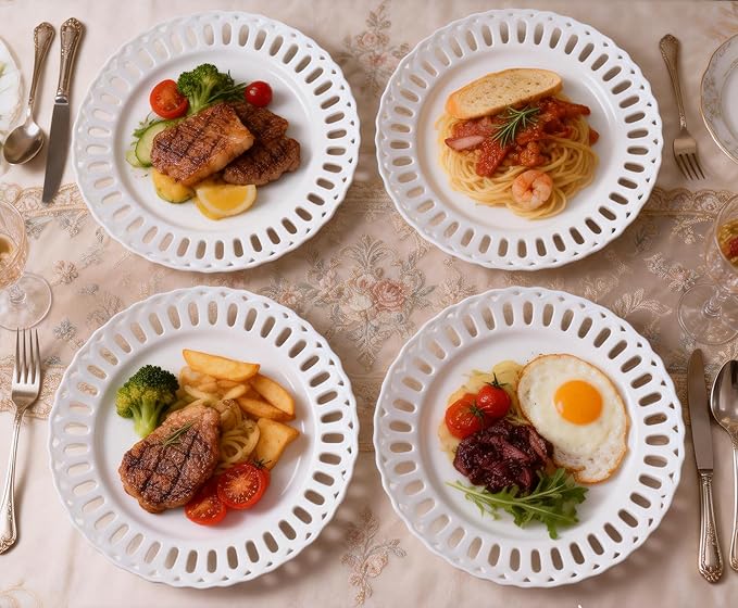 Aimusego Porcelain White Dinner Plates, Set of 4, Ceramic Salad Plates, Platters for Cake Snacks Steak Bread Luncheon Dish at Home Hotel and Restaruant, Stackable, for Holiday (White B, 9.8'')
