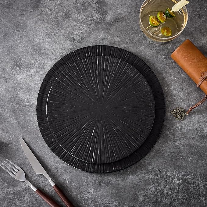 Round Flat Ceramic Serving Plate and Dinner Plate, 2 Pieces Set, 12" & 10" Plates, Elevate Dining Experience (Black, Ray 12" & 10")