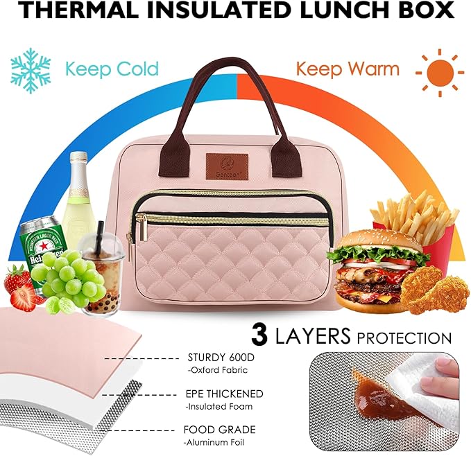 Genteen Lunch Box for Women Girls Teens,Insulated Adult Lunch Boxes for Women,Reusable Cute Lunch Bags for Work,High Capacity Tote Lunchbox Cooler for Office Travel Picnic School-Pink