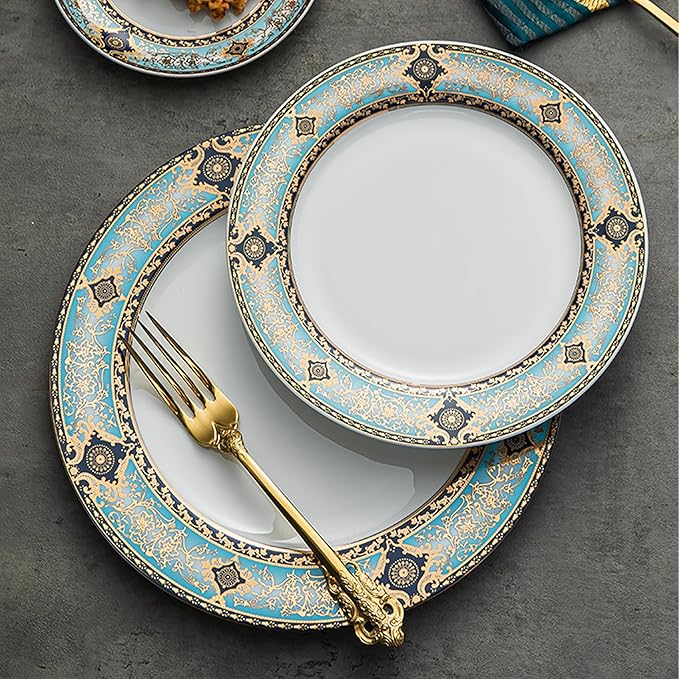 8 Piece Dinnerware Set for 4，Luxury Blue and Gold Porcelain Dinner Plate Set, Ornate Vintage Pattern Ceramic Tableware for Fine Dining, Wedding, Home Decor, Premium Dish sets for Steak and Dessert