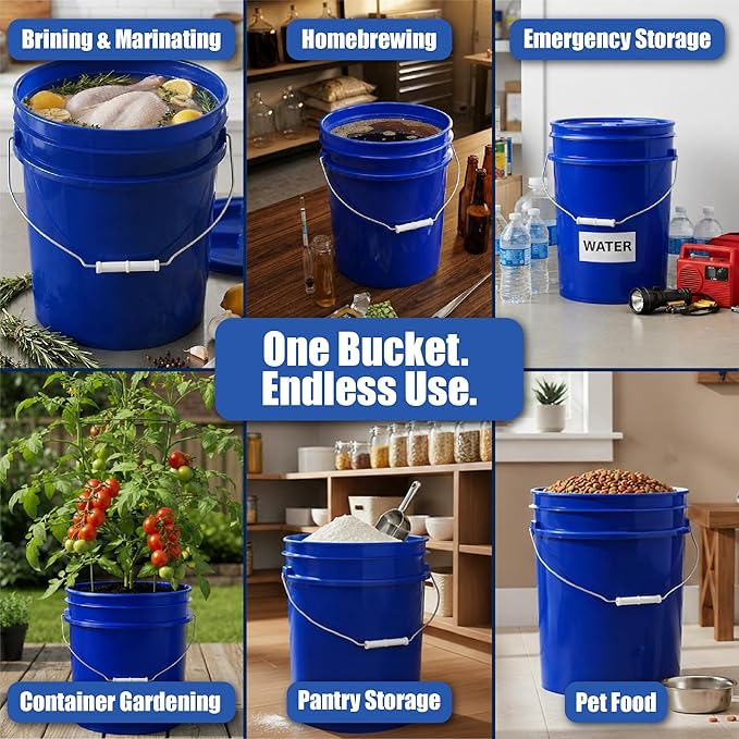 ePackageSupply 5 Gallon Bucket - Food Grade Bucket with Airtight Gamma Seal Screw-On Lid, BPA-Free, Heavy-Duty 90 Mil HDPE Plastic, Bulk Storage, Durable Container, Made in USA, Blue/Blue, 3 Packs